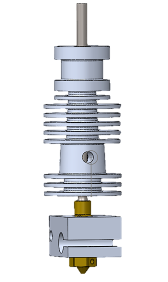 The consolidated hotend assembly — heat-sink fins, C145 copper heater block and brass nozzle — modelled in SolidWorks for the MK3 S+ retrofit.