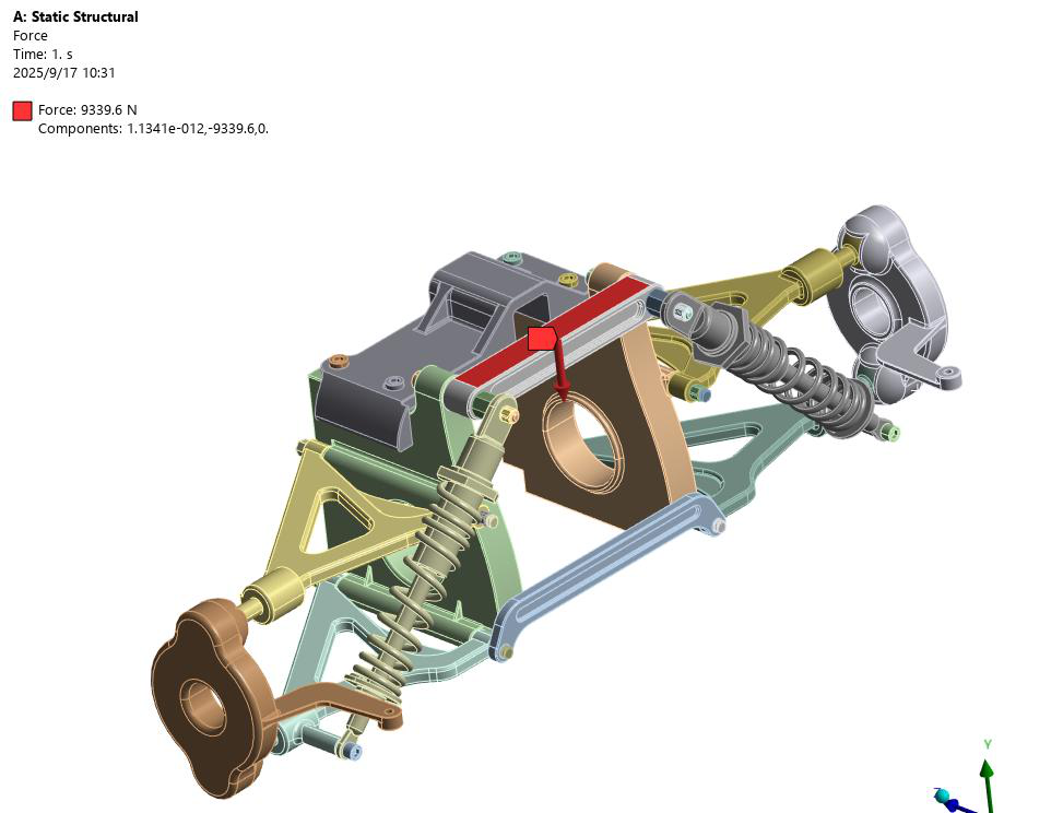 Load application — ~9.3 kN vertical force on the suspension assembly.